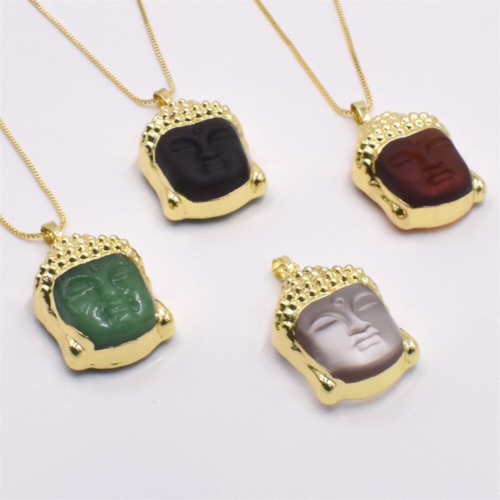 Religious Chinese Style Beliefs Buddhist Buddha Head Pendant Necklace Obsidian Buddha Copper Gold-plated Box Chain Necklace