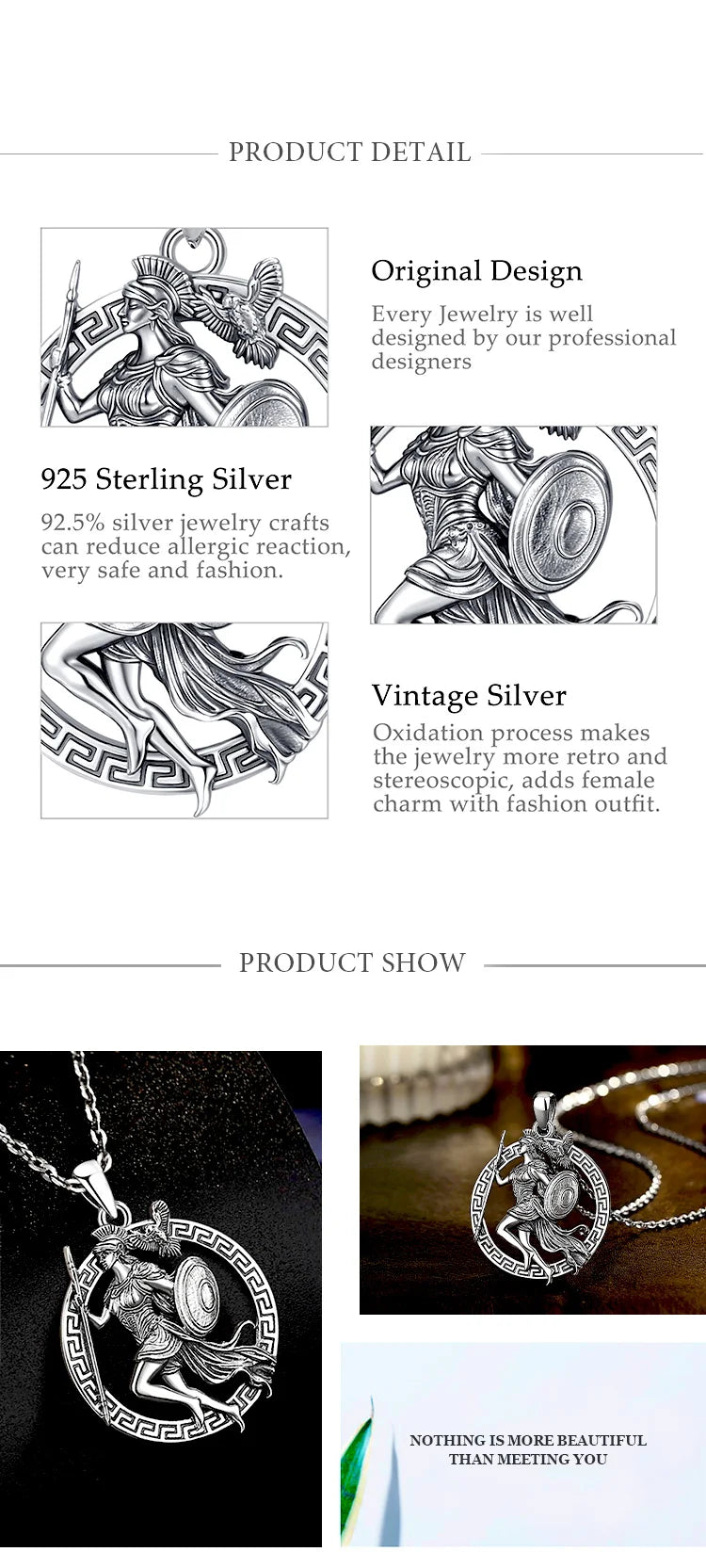AEONSLOVE 925 Sterling Silver Athena Greek Goddess of War Pendant Vintage Owl Necklace Amulet Mythology Jewelry for Men Women