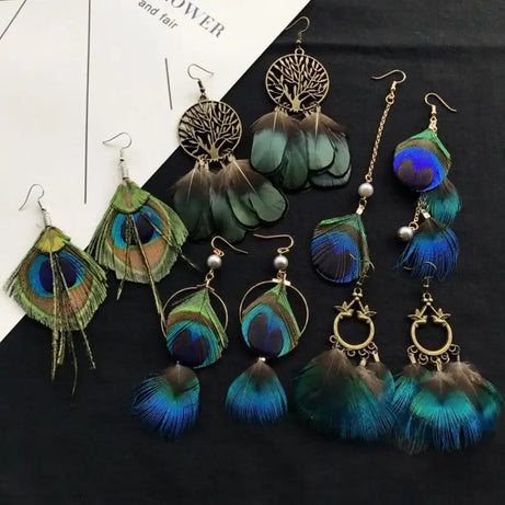 Peacock Feather Long Statement Earrings Jewelry