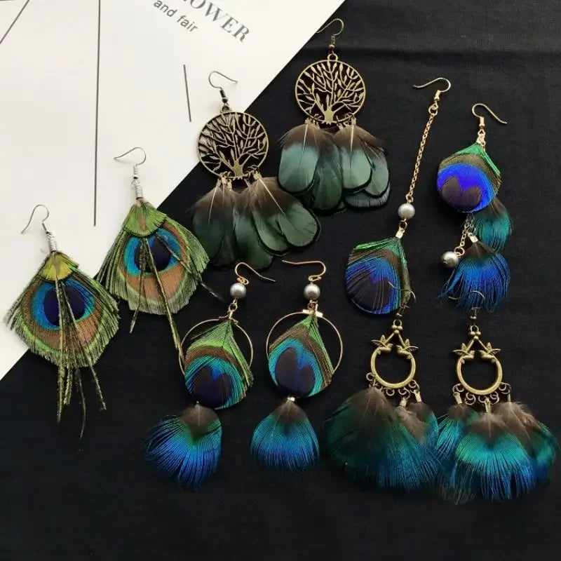 Exaggerate Feather Long Earrings Fashion Imitation Peacock Feather Earrings Boho Style Feather Earrings Custom Jewelry Wholesale