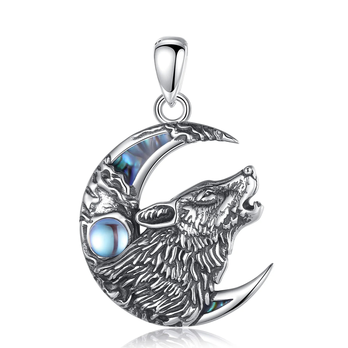 Wolf on the Moon Necklace with Moonstone, S925 Sterling Silver