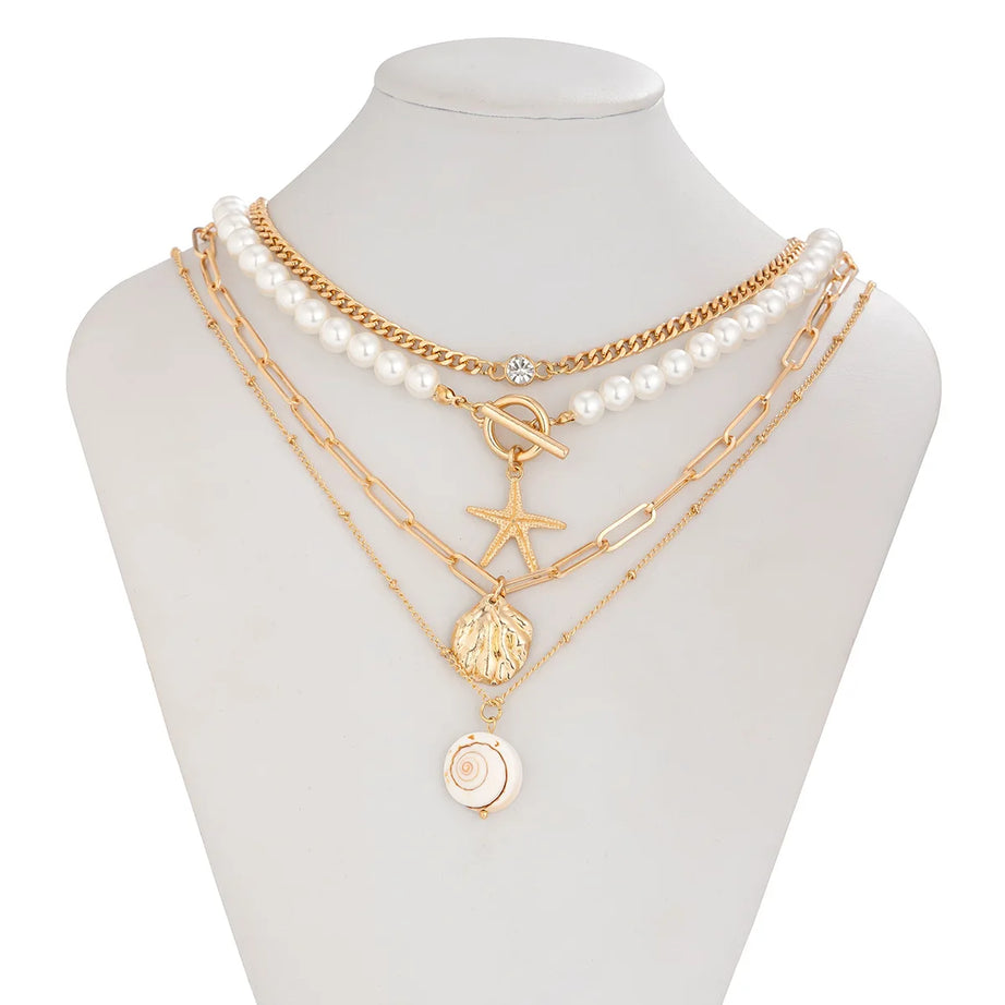 Shell Starfish and Pearl Layered Chain Boho Necklace