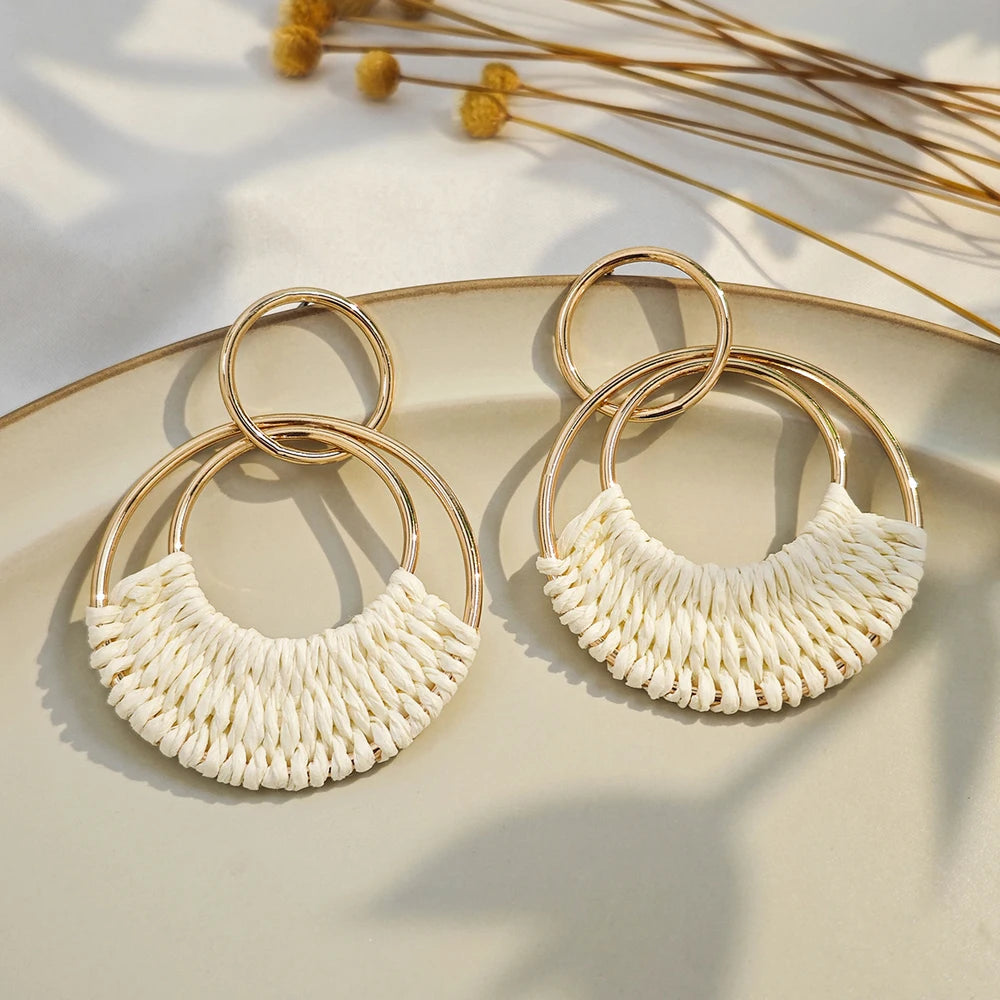 1 or 4 PAIRS Bohemia Summer Beach  Raffia Boho Hoop Earrings for Women Straw Wicker Rattan Dangle Round Drop Earrings