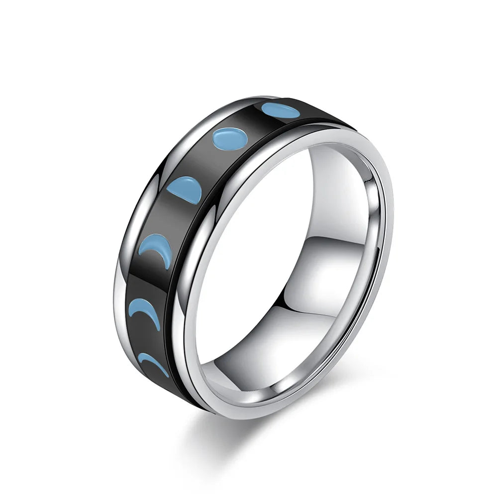 7mm Stainless Steel Crescent Moon Phase Spinner Ring Lunar Eclipse Jewelry for Women Men Size 6-11