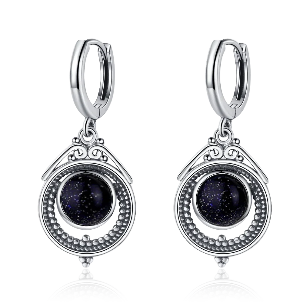 Natural Stone Sun Flower Hoop Earrings for Women, Vintage Antique Silver Turquoise Amethyst Labradorite Dangle Earring Wholesale