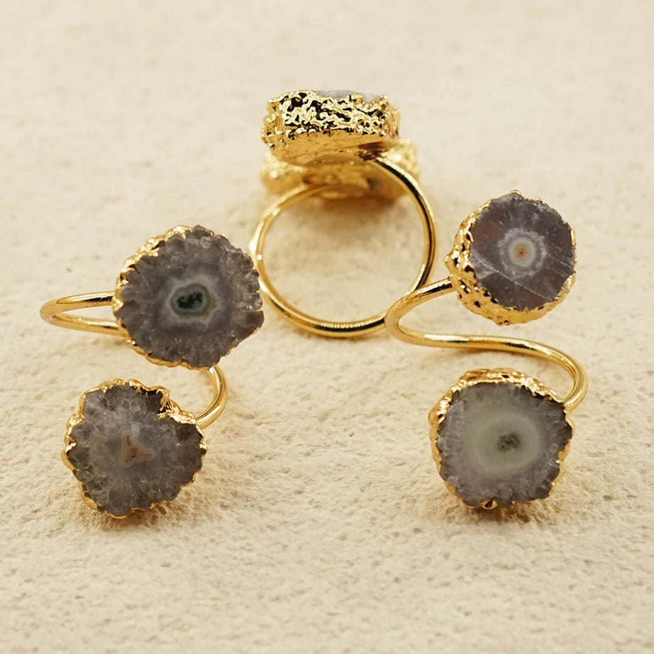 Irregular Agate Slices Open Cross Ring for Women Girls Boho Rough Natural Stone Sunflower Finger Jewelry Wedding Party Gift - Charlie Dolly