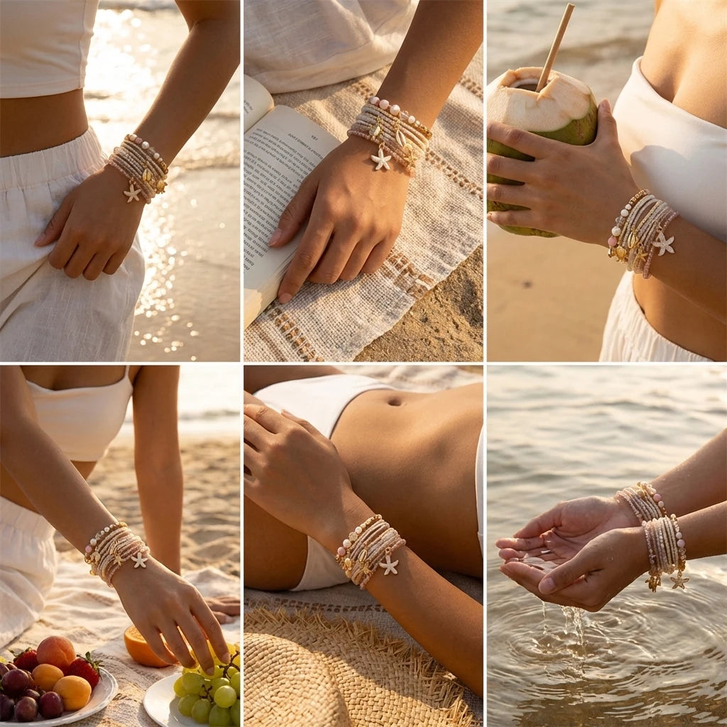Trendy Layered Pastel Seed Bead Ocean Charm Bracelet Set for Women Sea Turtle Starfish Shell Boho Surfer Summer Jewelry