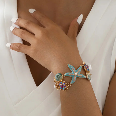 Starfish Shell and Zircon Boho Choker and Bracelet Set