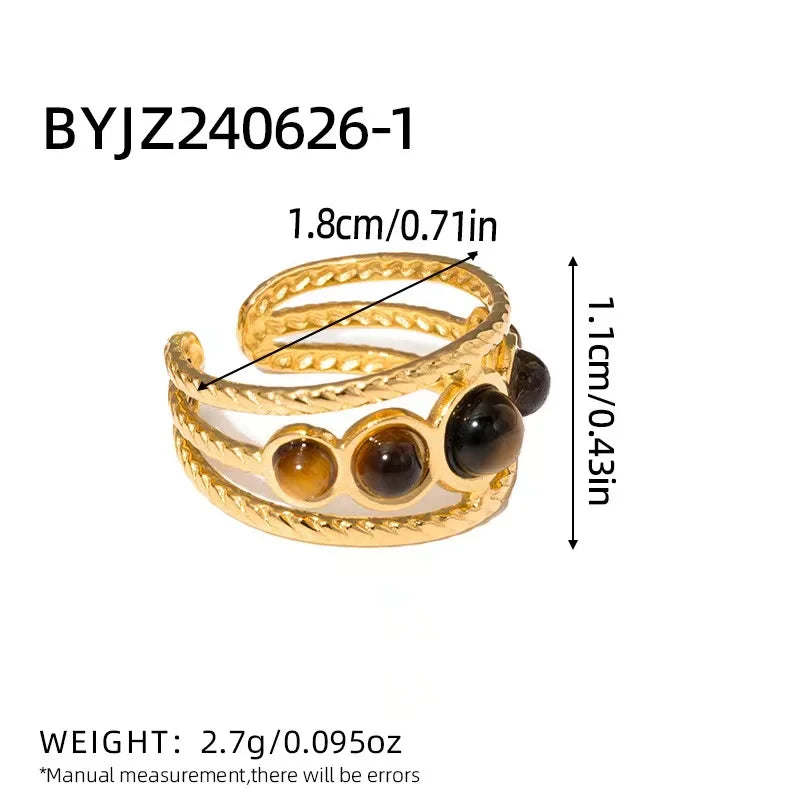 Creative Gold Plated Stainless Steel Rings for Women Simple Geometric Round Natural Stone Finger Ring Boho Vintage Jewelry Gift