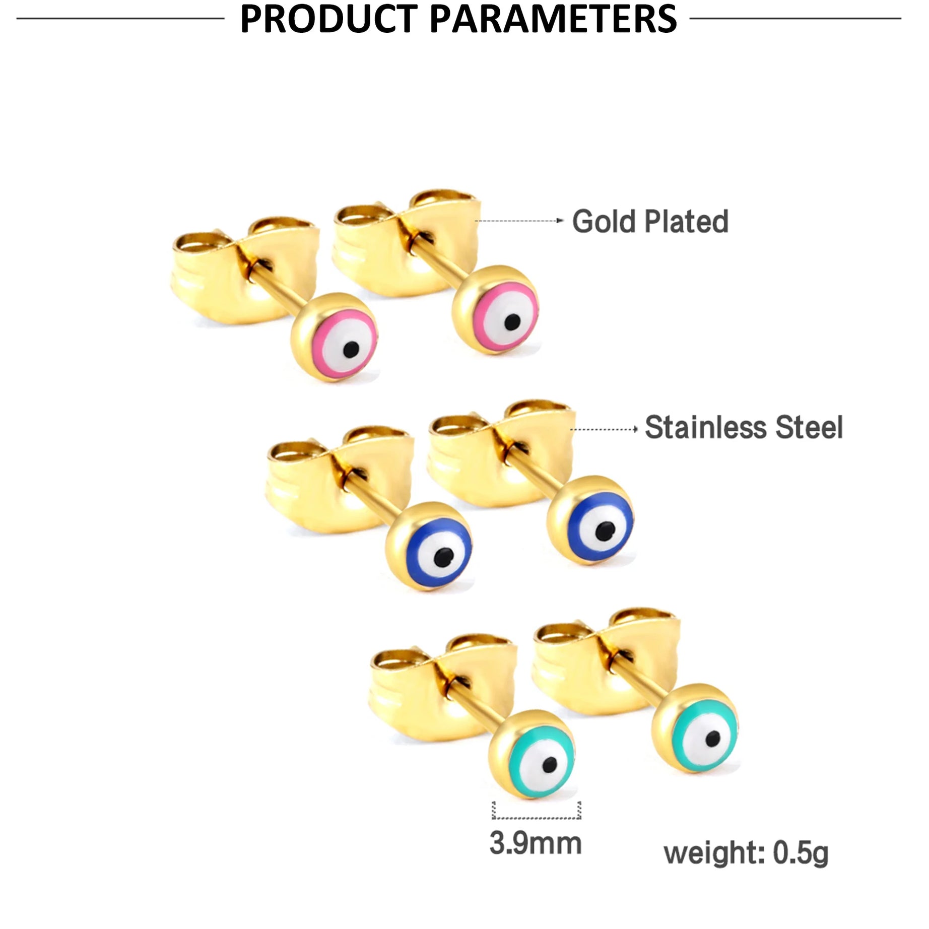 LUXUSTEEL 3 أزواج بوهو الملونة مستديرة عيون الشر وأقراط للنساء الرجال مطلية بالذهب الفولاذ المقاوم للصدأ طقم مجوهرات الأذن التركية