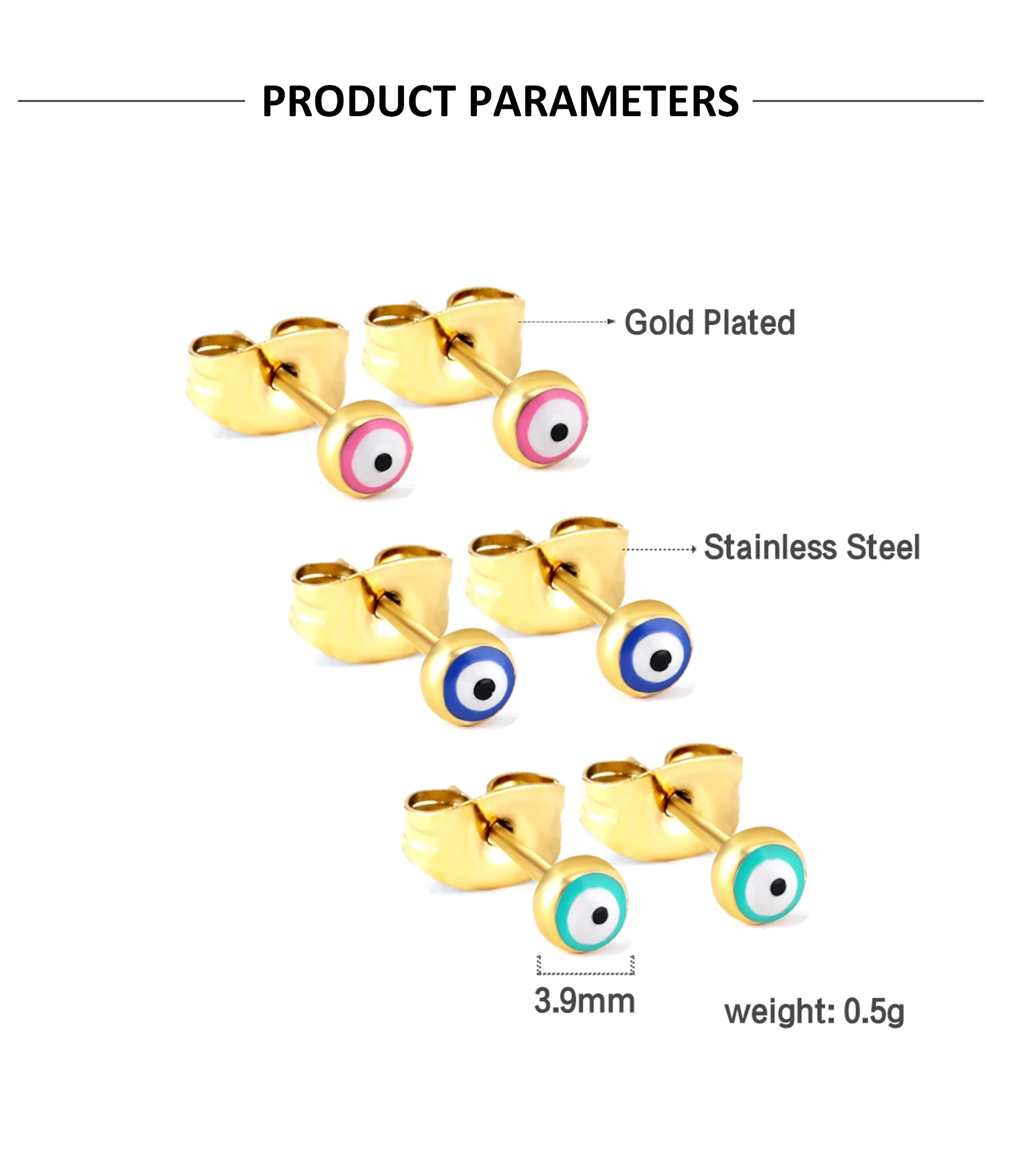 LUXUSTEEL 3Pairs Boho Colorful Round Evil Eyes Stud Earrings For Women Men Gold Plated Stainless Steel Turkish Ear Jewelry Set