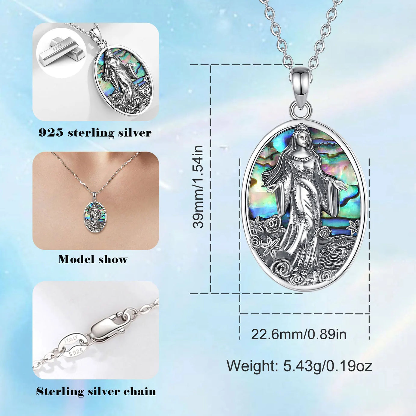 Yemaya Sea Goddess Necklace with Natural Abalone, S925 Sterling Silver