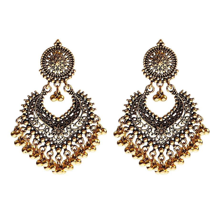 Gold Carved Heart Pink Bead Jhumka Earrings Jewelry