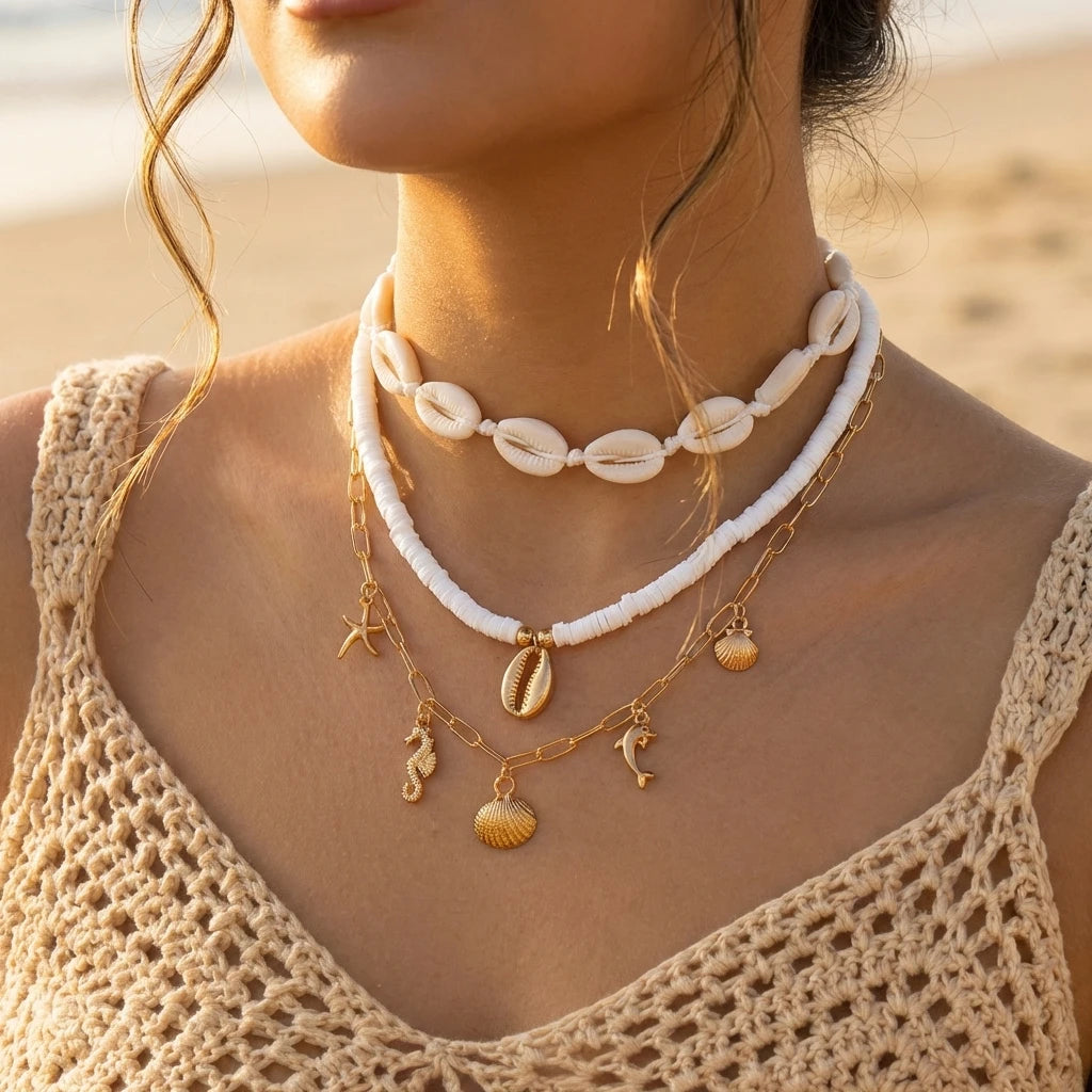 Boho Multilayer Shell Starfish Pendant Necklace for Women Handmade Beaded Imitation Pearl Choker Beach Party Jewelry Gift
