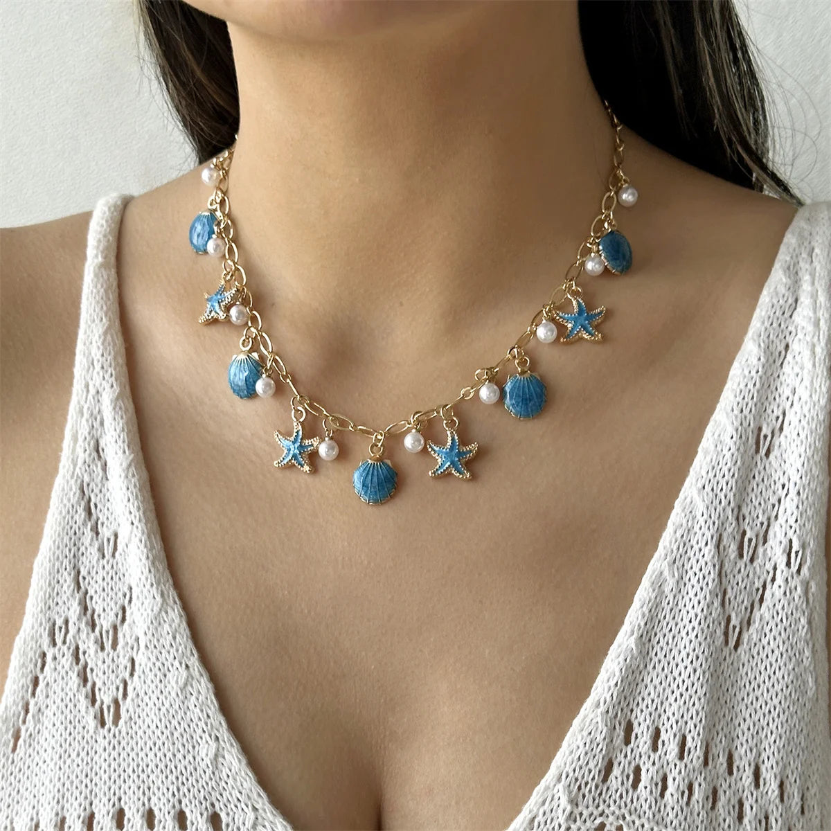 Starfish Shell Pearl Tassel Choker Necklace Jewelry