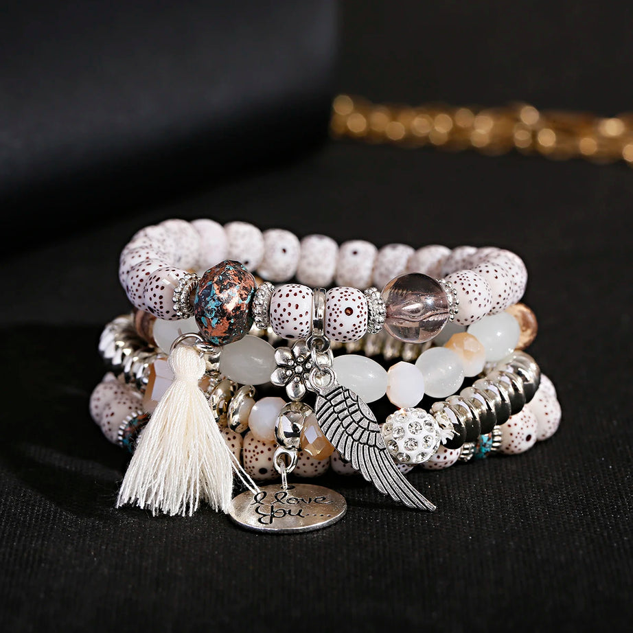 New Bohemian White Beads Tassel Bracelets Set Women Natural Lava Stone Alloy Wing Pendant Charm Bangle Boho Jewelry - Charlie Dolly