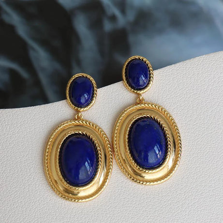 New design inlaid lapis lazuli oval hollow earrings exaggerated punk style retro ancient gold craftsmanship women's jewelry - Charlie Dolly
