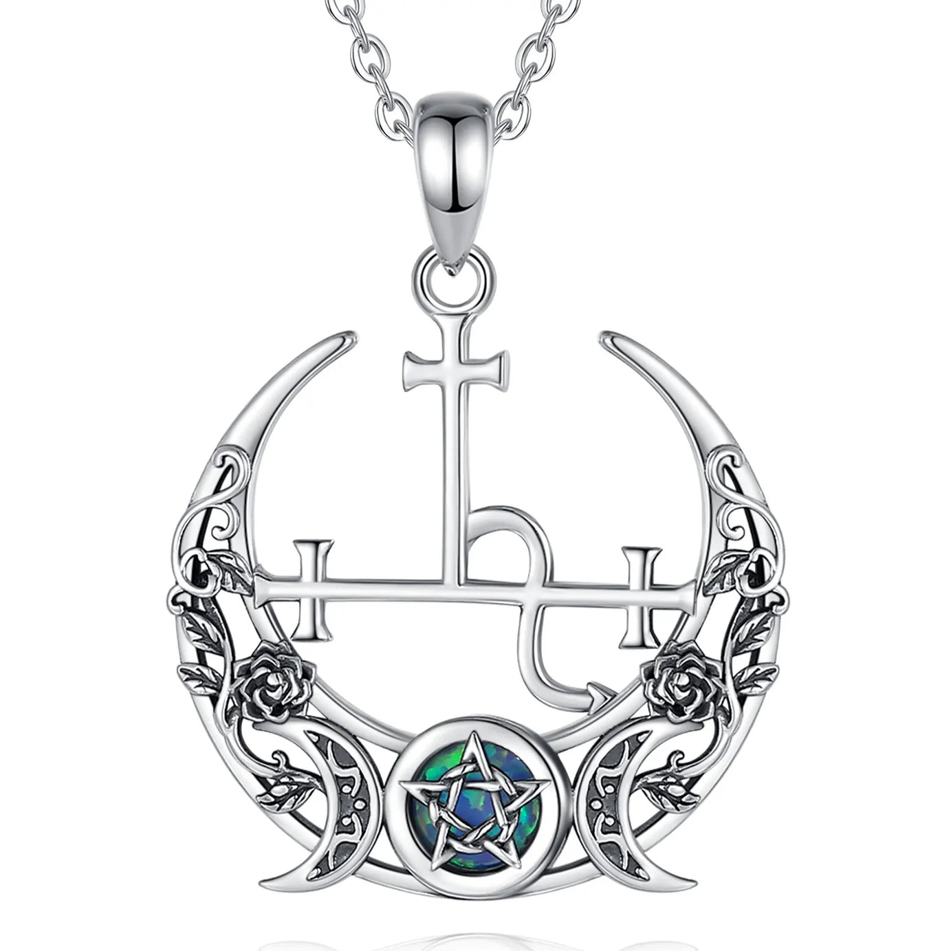 S925 Sterling Silver Lilith Moon & Opal Pendant Necklace, Triple Moon Goddess Amulet
