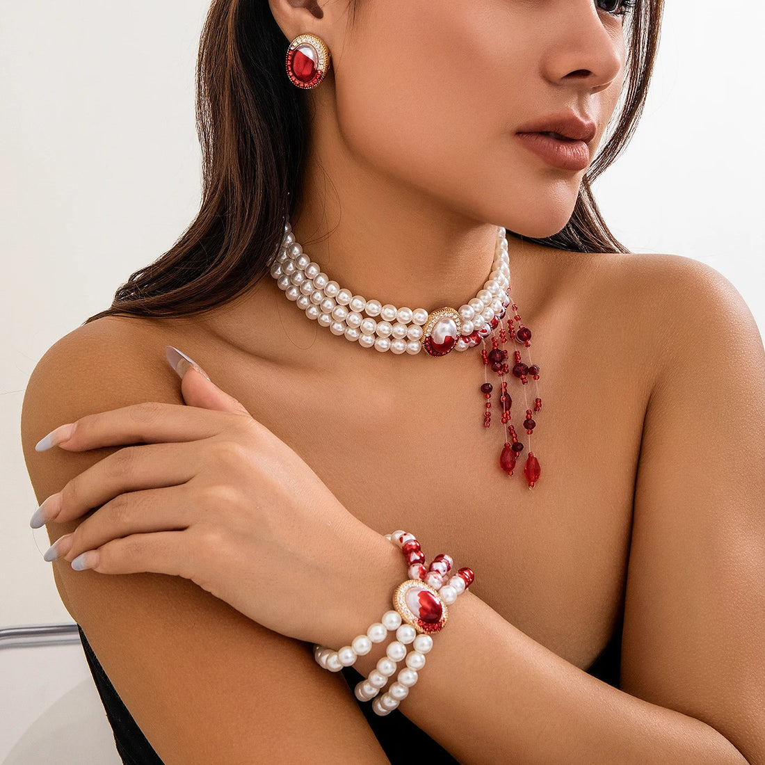 Goth Creative Red Blood Pattern Imitation Pearl Chain Necklace for Women Punk Long Tassel Beads Pendant Halloween Wed Jewelry - Charlie Dolly