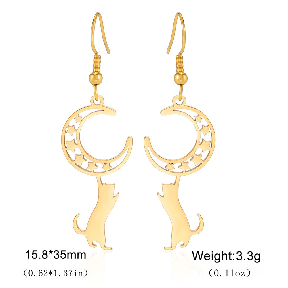 Lucktune Crescent Moon Cat Drop Earrings Stainless Steel Cute Kitten Animal Earrings for Women 2023 Goth Jewelry Birthday Gift - Charlie Dolly