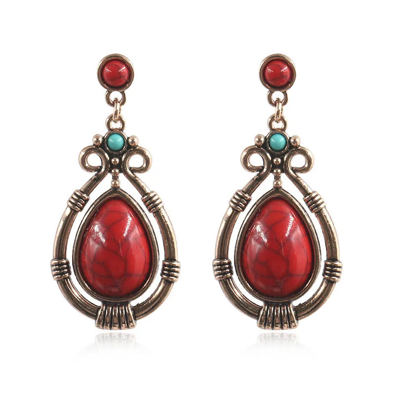 Ethnic Women's Alloy Inlaid Red Stone Earrings Tassel Wedding Danglers Boho Vintage Geometric Earrings Indian Gypsy Jewelry