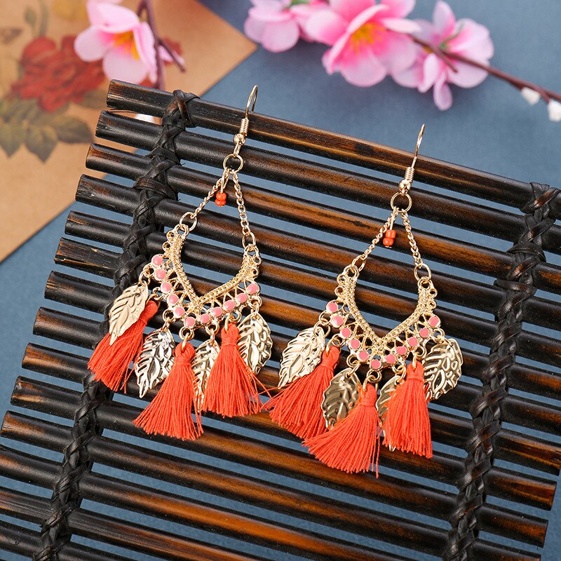Fashion Earrings Bohemian Ethnic Style Leaf Earrings Jewelry Retro Long Tassel Colorful Feather Earrings Jewelry Gift - Charlie Dolly