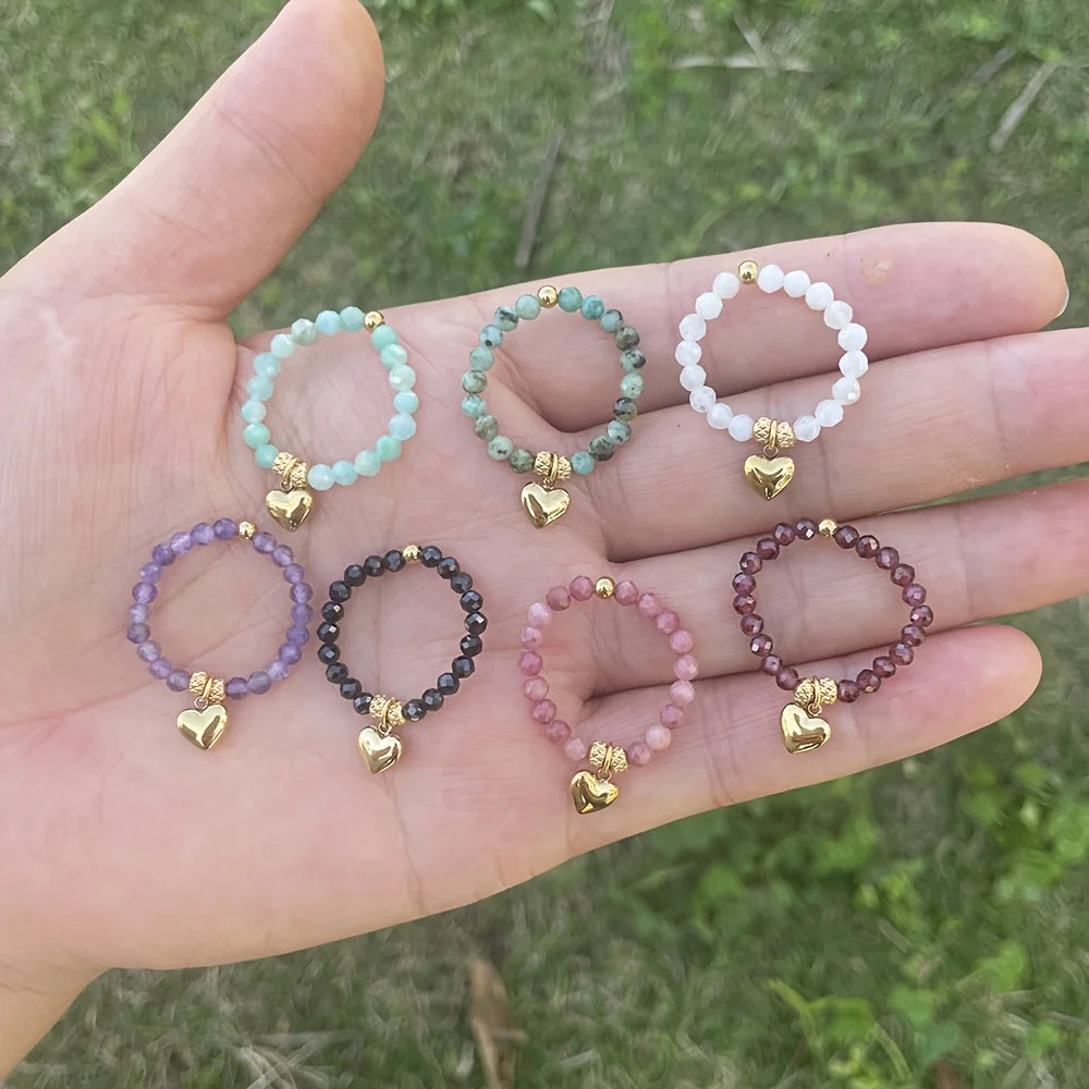 Boho Nature Crystal Beaded Ring Love Heart Amethyst Moonstone Turquoise Faceted Stone Stretchy Adjustable Women Jewelry Gift