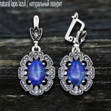 Vintage Plumflower Natural Jades Quartz Earrings For Women Antique Silver Plated Lapis Lazuli Tiger Eye Stone Fashion Earring - Charlie Dolly