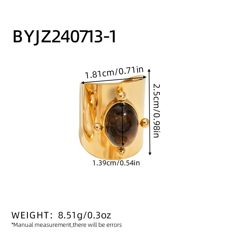 Creative Gold Plated Stainless Steel Rings for Women Simple Geometric Round Natural Stone Finger Ring Boho Vintage Jewelry Gift