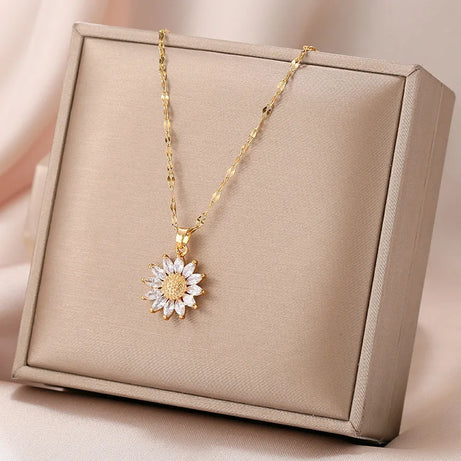 Gold Flower Zirconia Pendant Necklace, Titanium Steel Luxury Chain