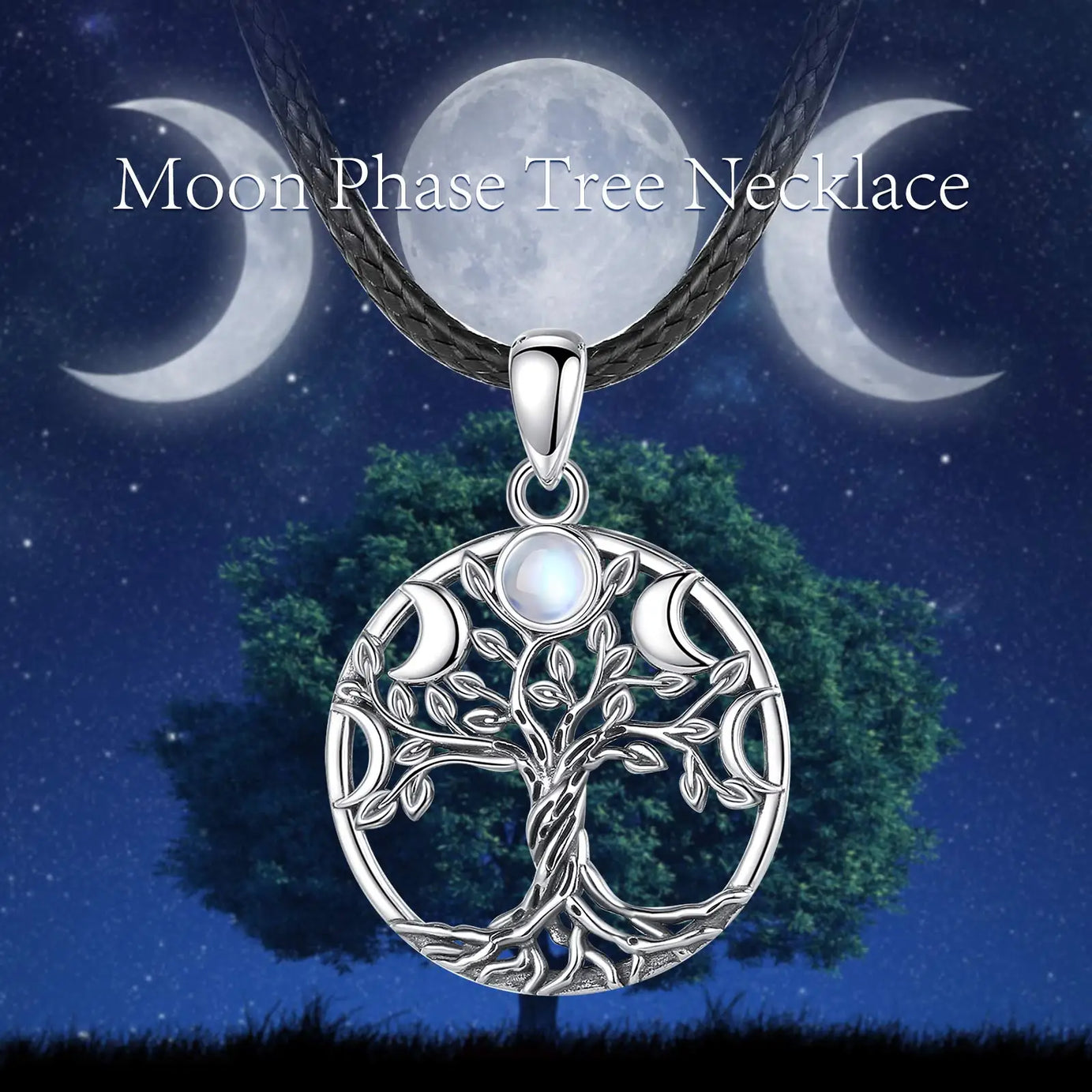 S925 Sterling Silver Tree of Life Moon Phase Necklace, Triple Moon Goddess Moonstone Amulet