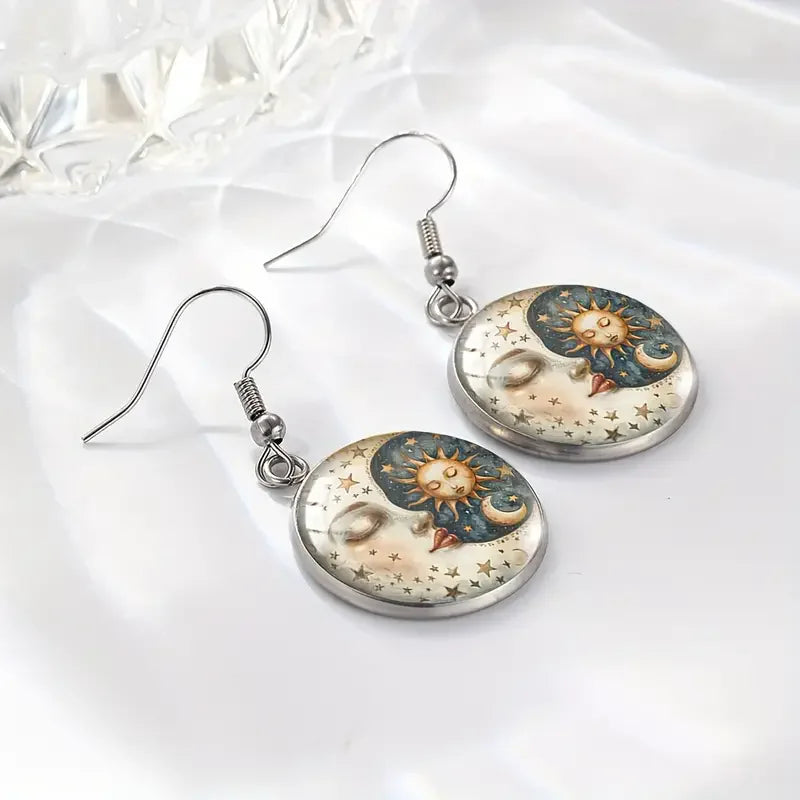 Boho Moon And Sun Earrings Stainless Steel Glass Celestial & Horoscope Dangle Earrings For Women