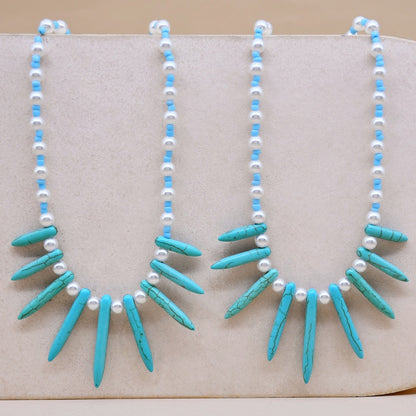 Handmade Beaded Shell Pendant Necklace Pearl Flower Clavicle Chain Vintage Turquoise Choker Necklace Jewelry for Women Gifts