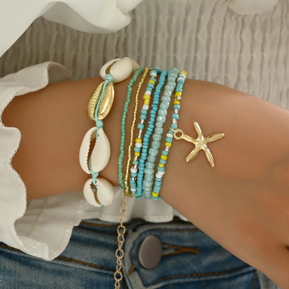 Shell, Starfish and Beaded Woven Bohemian Bracelet Set (7 Pieces)