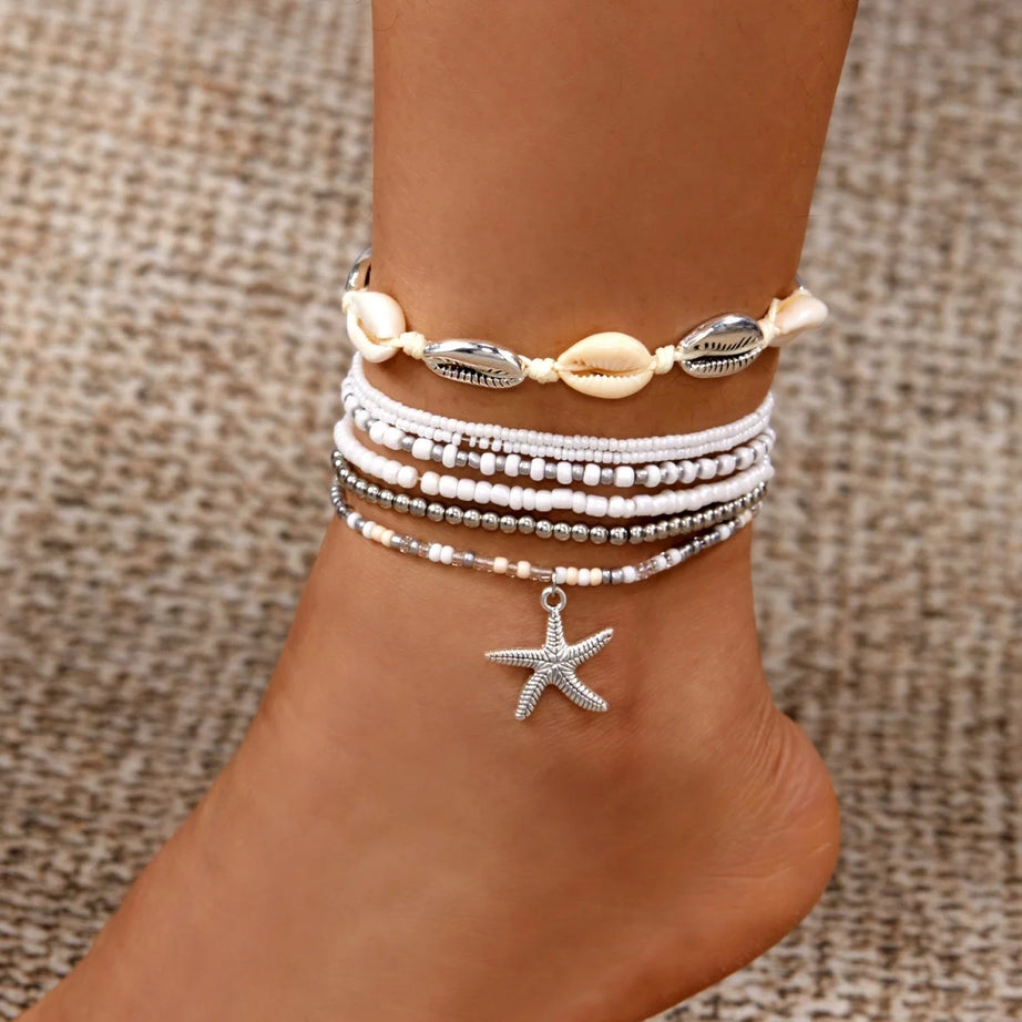 Starfish Tassel and Shell Multilayer Boho Anklet