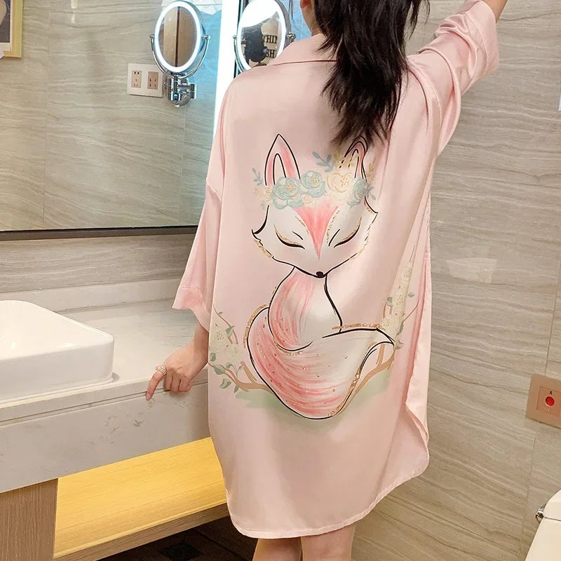 Women Sexy Leopard Print Nightgown Lapel Short Sleeve Satin Silk Cardigan Nightdress Hot Nighty Summer Nightgowns Mini Pajamas - Charlie Dolly