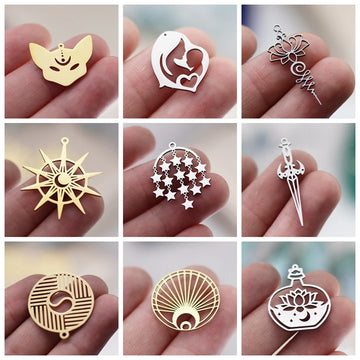 3pcs Stainless Steel Gothic Sun Cross Sword DIY Charms Tassels Star Lotus Flower Earrings Necklace Jewelry Making Amulet Pendant