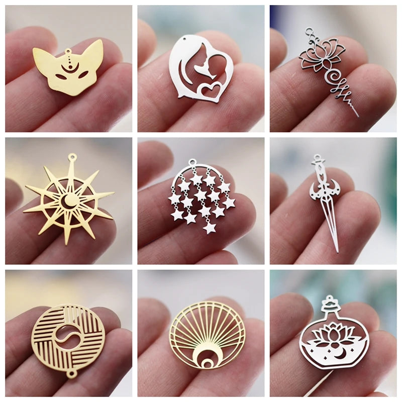 3pcs Stainless Steel Gothic Sun Cross Sword DIY Charms Tassels Star Lotus Flower Earrings Necklace Jewelry Making Amulet Pendant