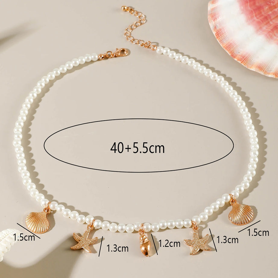 Tocona Boho Starfish Shell Flower and Pearl Pendant Necklace