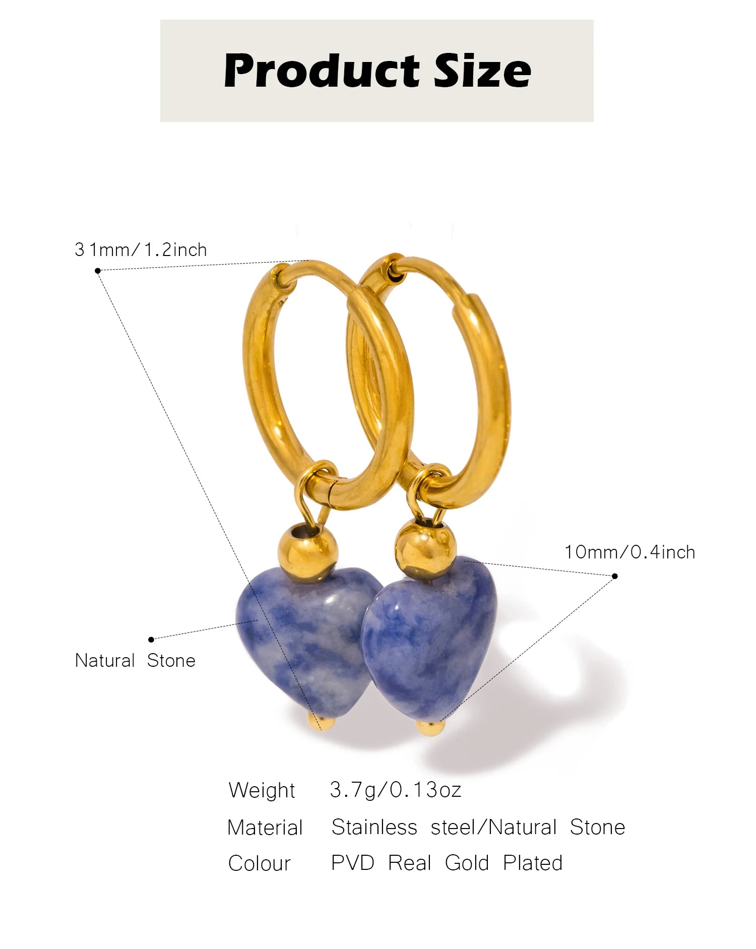 UHBINYCA Detachable Natural Stone Heart-shaped Pendant Earrings, Stainless Steel Hoop Earrings