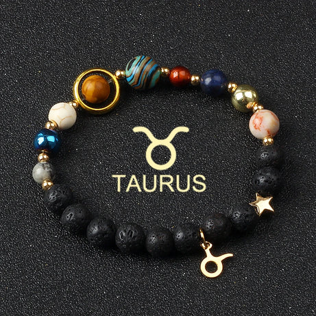 Eight Planets & Twelve Zodiac Beaded Bracelet, Natural Stone Cosmic Astrology Talisman