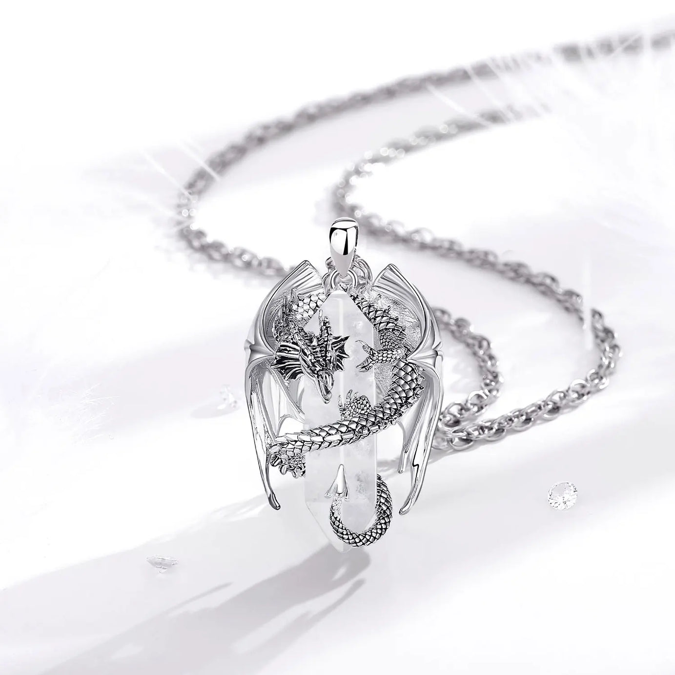 Natural Clear Quartz Dragon Pendant Necklace, Hexagonal Healing Crystal Amulet