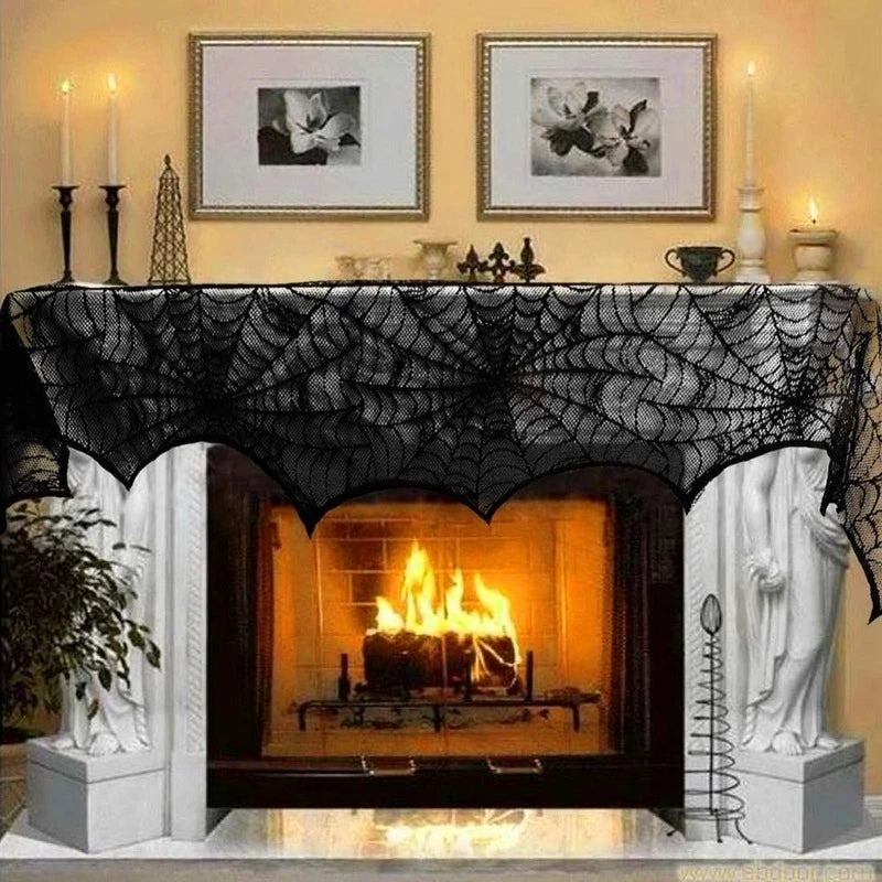 Halloween Bat Table Runner Black Spider Web Lace Tablecloth Fireplace Curtain for Halloween Party Home Decoration Horror Props - Charlie Dolly
