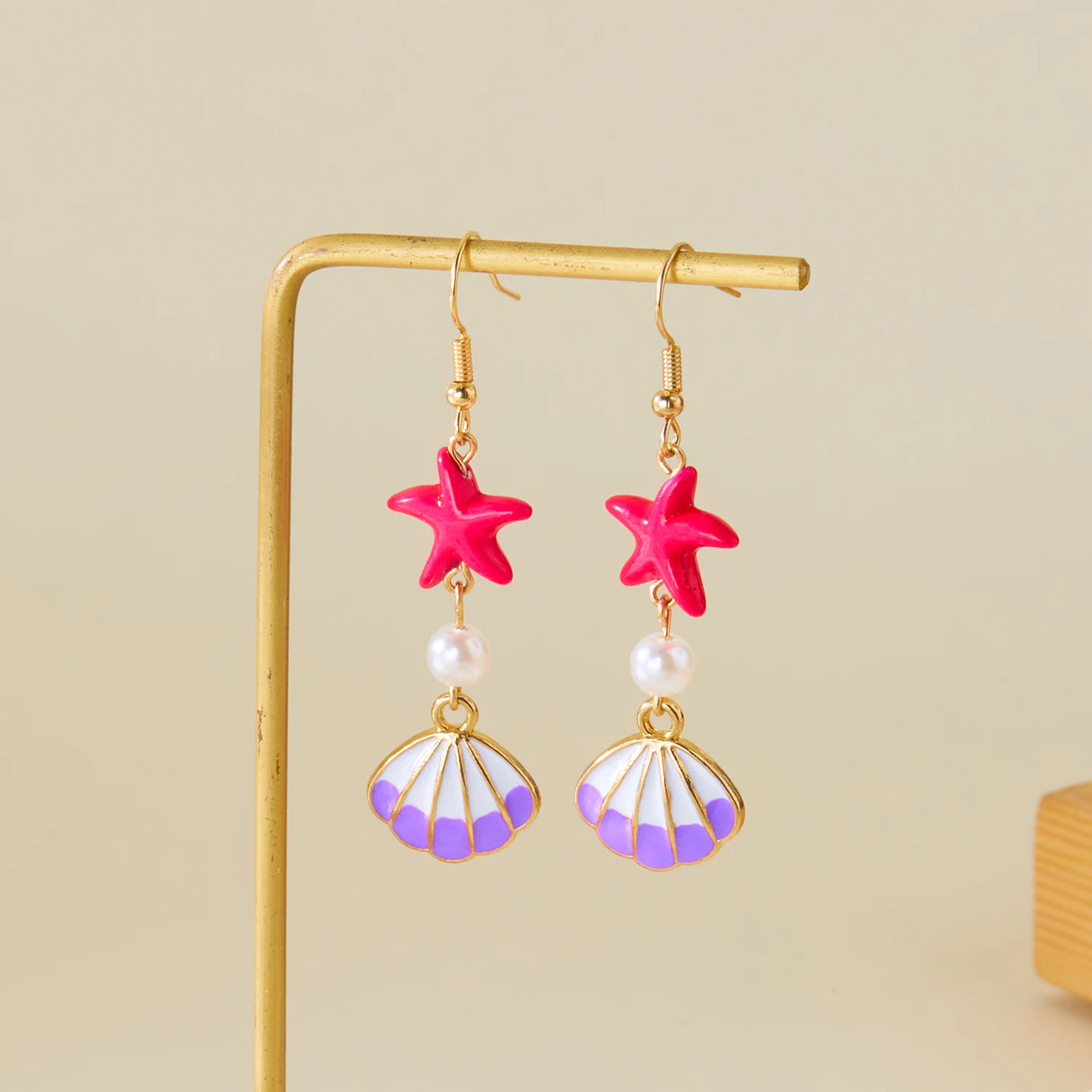Ocean Style Shell, Starfish and Conch Enamel Drop Earrings