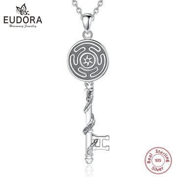 Eudora 925 Sterling Silver Hecate Wheel Necklace Triple Goddess Pendant Snake Key Amulet Witch Pagan Jewelry Gift for Women Men
