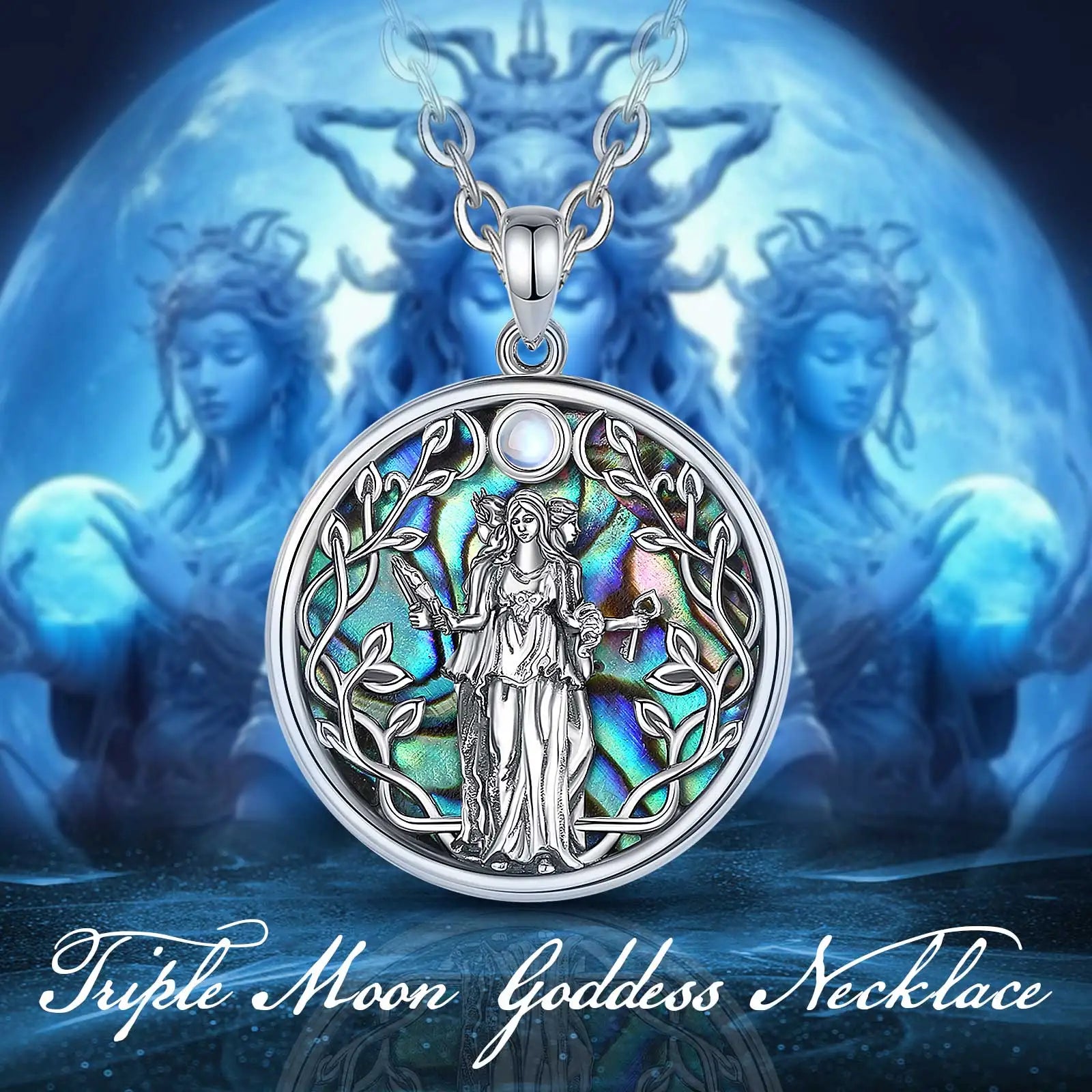 Eudora 925 Sterling Silver Triple Moon Goddess Necklace for Women Hecate Amulet Pendant Natural Abalone Jewelry Personality Gift