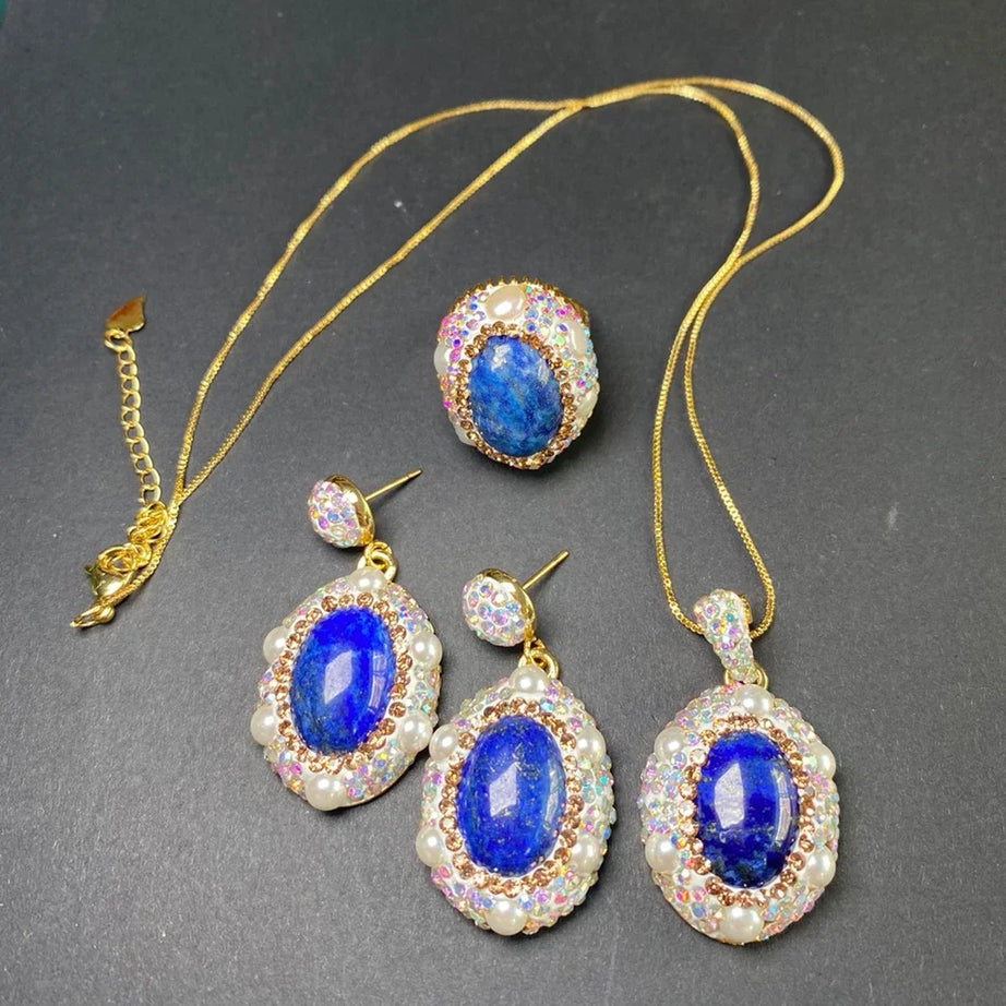 Unique Natural Lapis lazuli Gemstone Jewelry Set for Women AB Rhinestone Freshwater Pearl Quartz Necklace Rings Lady Dress Acces - Charlie Dolly