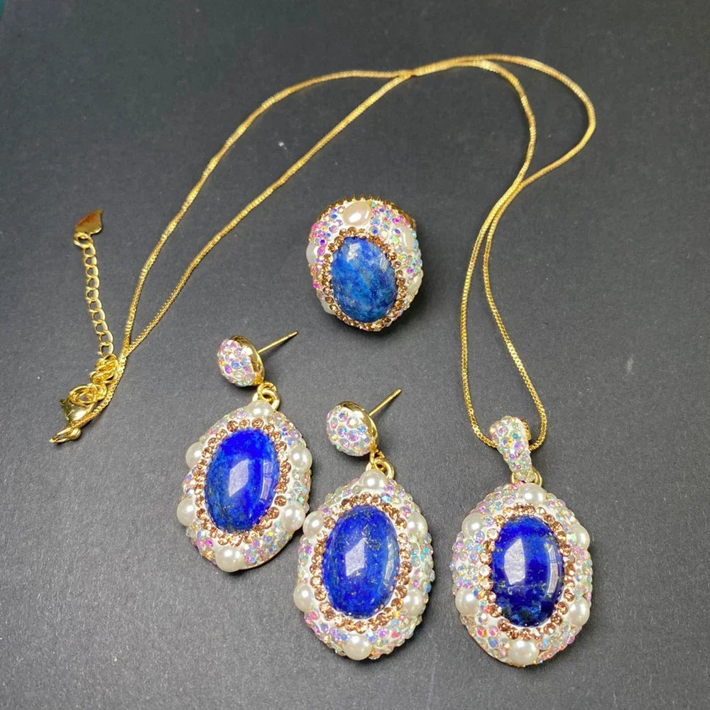 Unique Natural Lapis lazuli Gemstone Jewelry Set for Women AB Rhinestone Freshwater Pearl Quartz Necklace Rings Lady Dress Acces