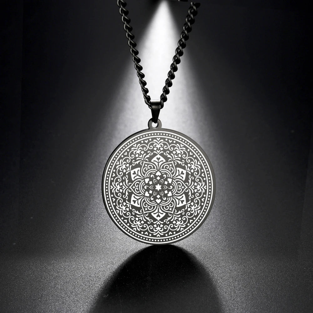 LIKGREAT Lotus Flower Chakra Mandala Pendant Necklace Stainless Steel Women Men Buddhism Hinduism Meditation Spiritual Jewelry