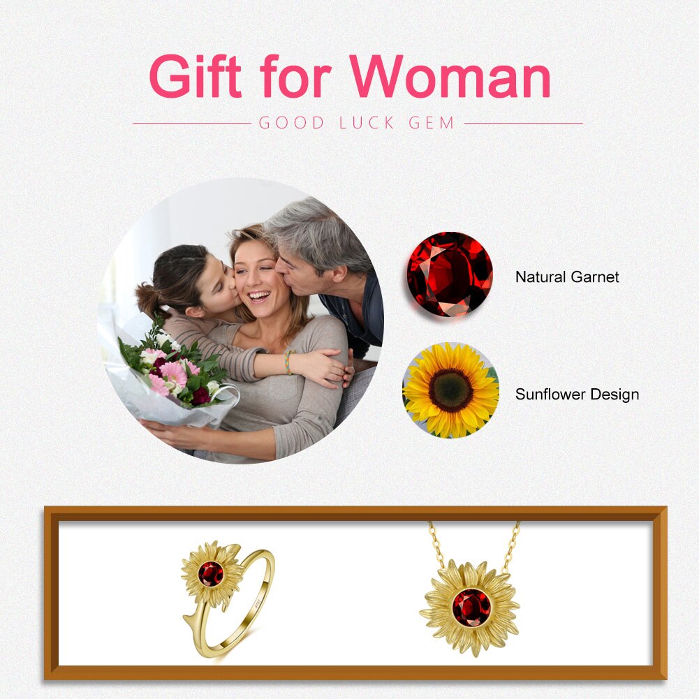 ORSA JEWELS Genuine Natural Garnet 925 Silver Sunflower Design Pendant Necklace for Women Fashion Gemstone Jewelry Gift GMN22